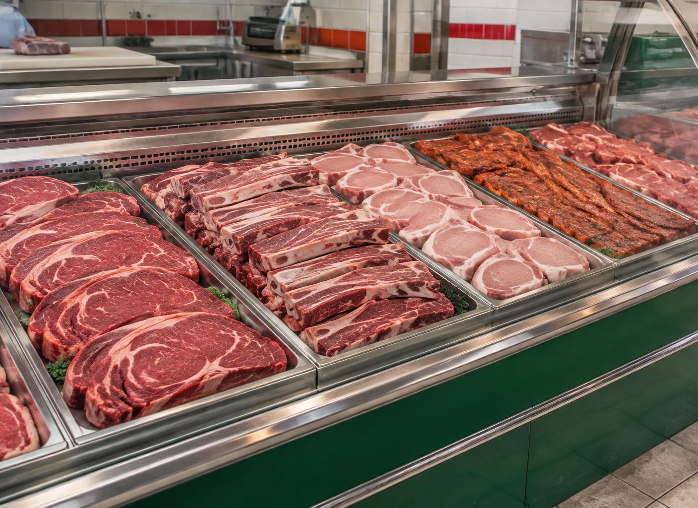Illustrative Mexican butcher counter with fresh beef and pork cuts